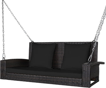 Hanging Porch Swing, 2-Person Outdoor Wicker Swing Chair Bench with Cushions, 7.9Ft Steel Chains for Garden
