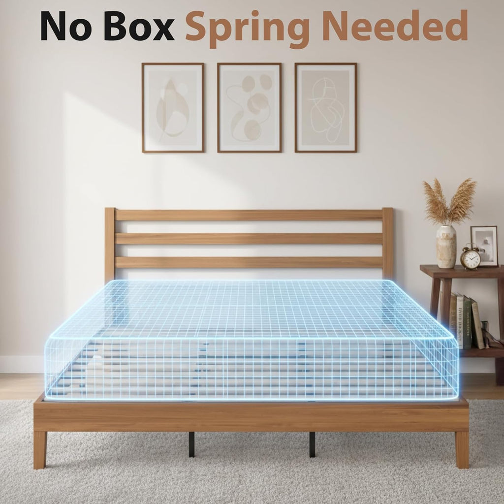 Solid Wood Bed Frame - King Mattress Foundation with Headboard