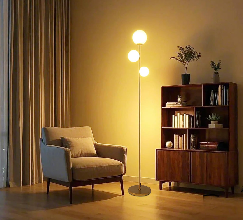 3 Globe Floor Lamp Mid Century Modern, Gold Standing Lamp with Frosted Glass Shade & LED Bulbs