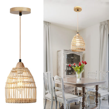 Pendant Lights Kitchen Island - Rattan, Boho Light Fixture Bamboo Wicker Hanging Lamp for Farmhouse Dining Room