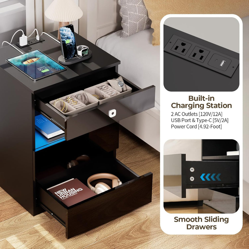 Smart Nightstand with Fingerprint Lock Drawer, Modern LED Nightstand with Charging Station, Bedside Table with Hidden