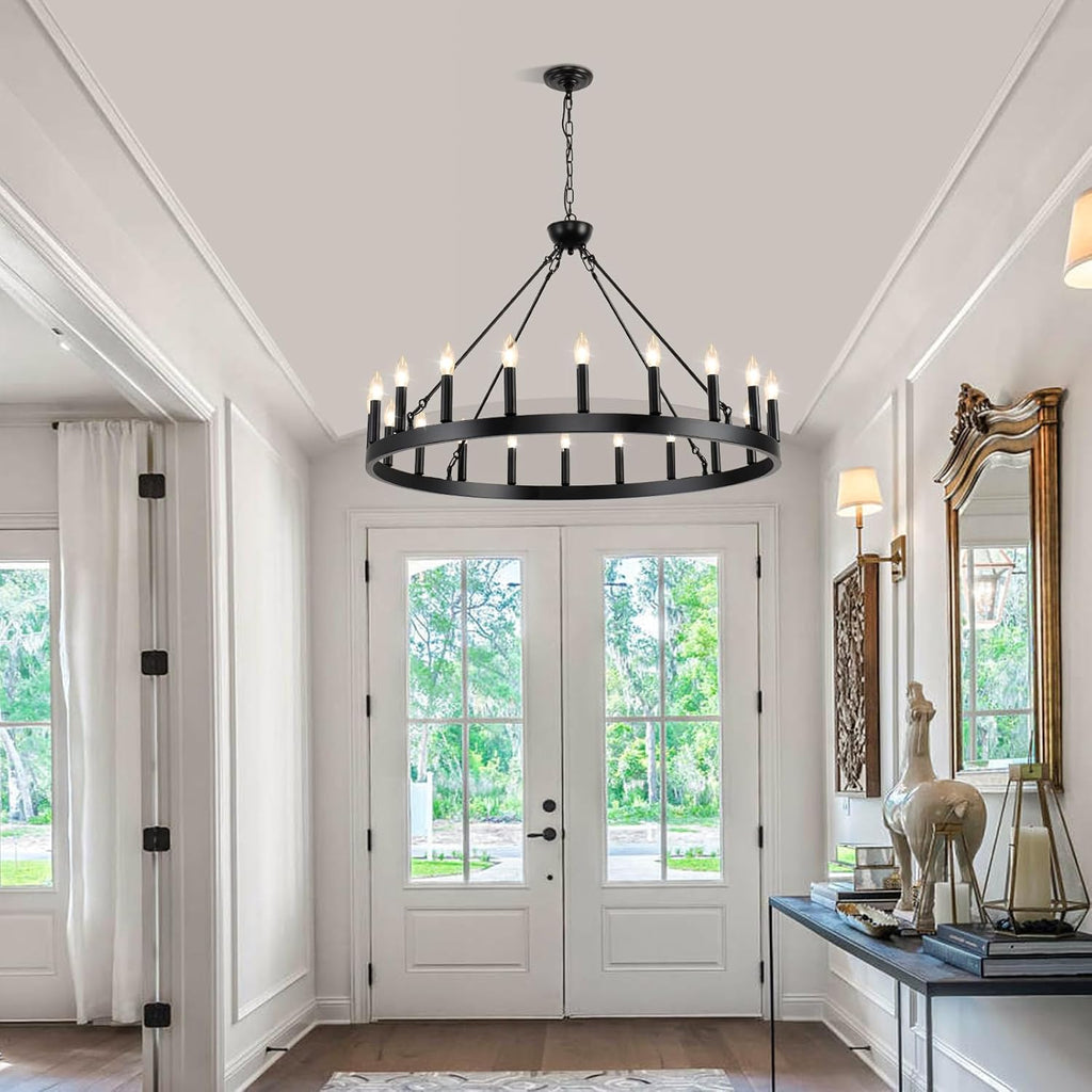 Inspired Camino Style Chandelier - Wagon Wheel Chandeliers 40“ 20-Light, Black Modern Farmhouse Chandelier with Adjustable Height, Hanging Island Light Fixture for Dining Living Ceiling Room Outdoor