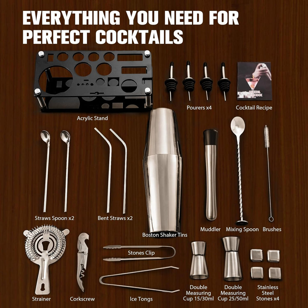 Cocktail Shaker Set Bartender Kit, Stainless Steel Boston Bar Tools Drink Mixer Set with Stand & Recipe Booklet