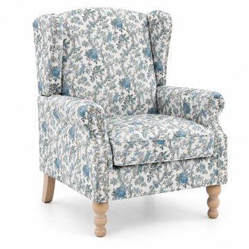 Floral Wingback Accent Chair with Wood Legs, Upholstered Armchair