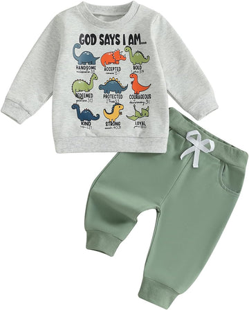 Toddler Boy Fall Winter Clothes God Says I Am Long Sleeve Pullover Sweatshirts + Solid Joggers Pants Outfits Set