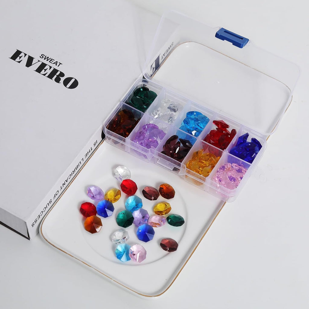 Lot 100pcs 1 Hole Glass Octagon Beads, Crystal Prism Suncatcher Chandelier Replacement Parts DIY Lamp Hanging Pendant