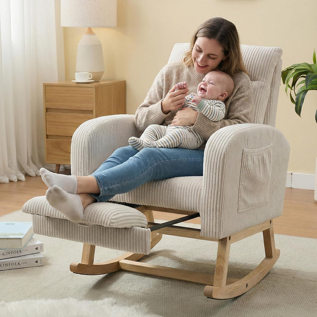 Nursery Rocking Chair, Corduroy Upholstered Rocking Chair with Adjustable Footrest, Tufted Rocker Chair with Side