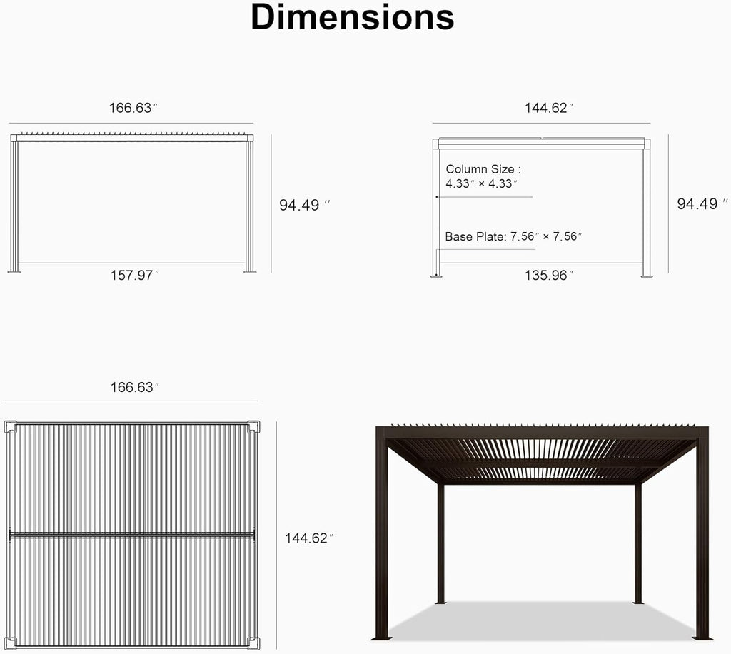 Outdoor 12' × 14' Louvered Pergola with Screens Patio Adjustable Aluminum Canopy Retractable Metal Roof for Deck