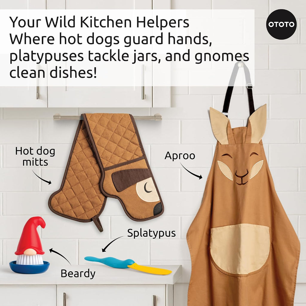 Aproo Kitchen Set - Oven Mitts and Chef Apron with Pockets, Cute Cooking Accessories, Funny Kitchen Gift, Kangaroo