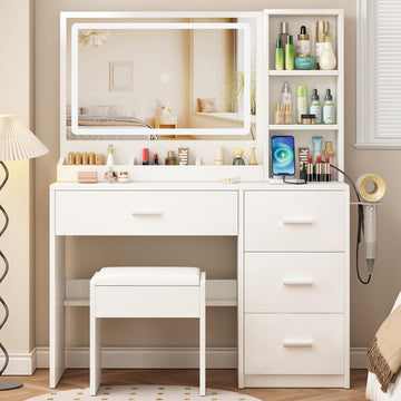 Vanity Desk with Mirror and Lights, 4 Drawers & Benches Vanity Desk Set, 3 Color Lighting Modes Adjustable Brightness