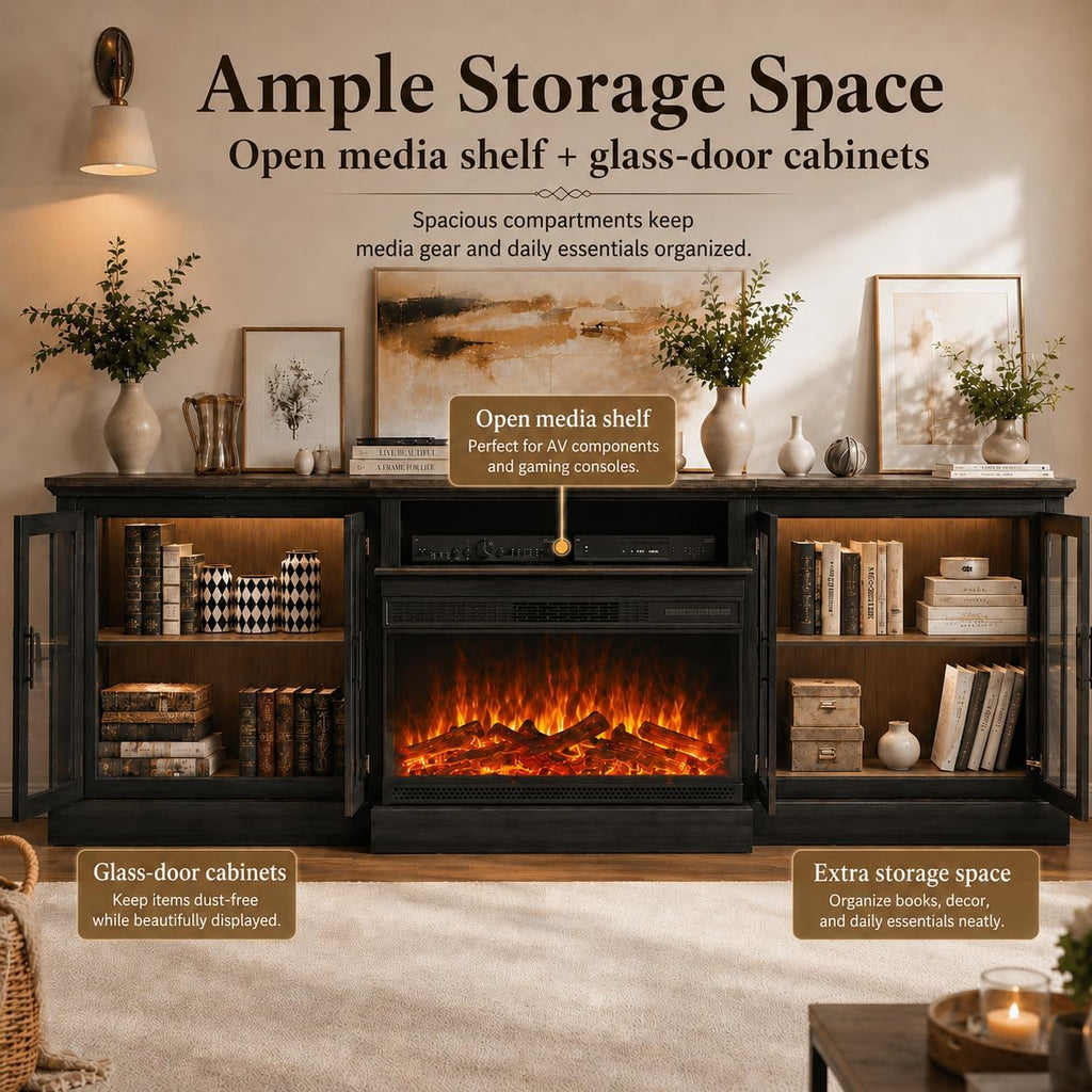 Black 98" Farmhouse TV Stand with 36" Fireplace for Living Room,Media Entertainment Center with Adjustable Shelves