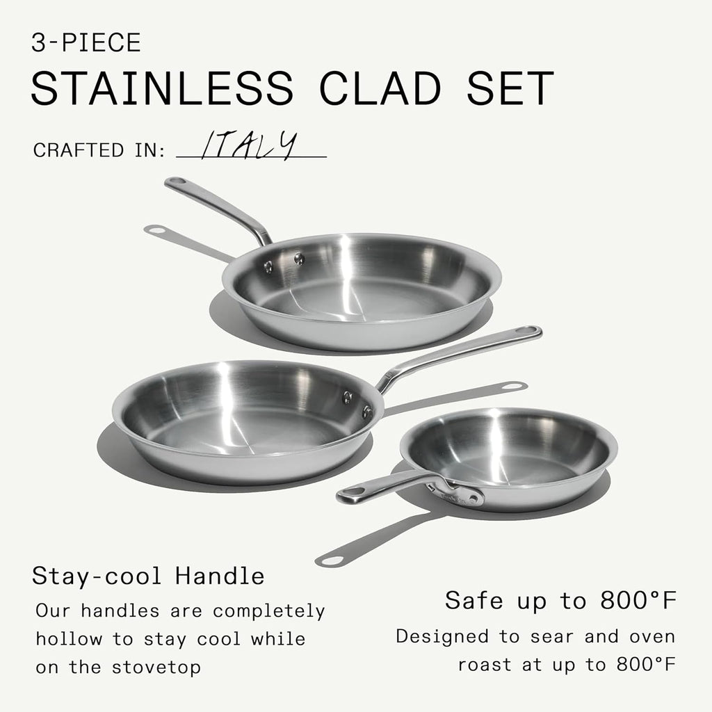 Cookware - 3-Piece (Includes 8",10",12") Stainless Frying Pan Set - 5 Ply Stainless Clad - Professional Cookware