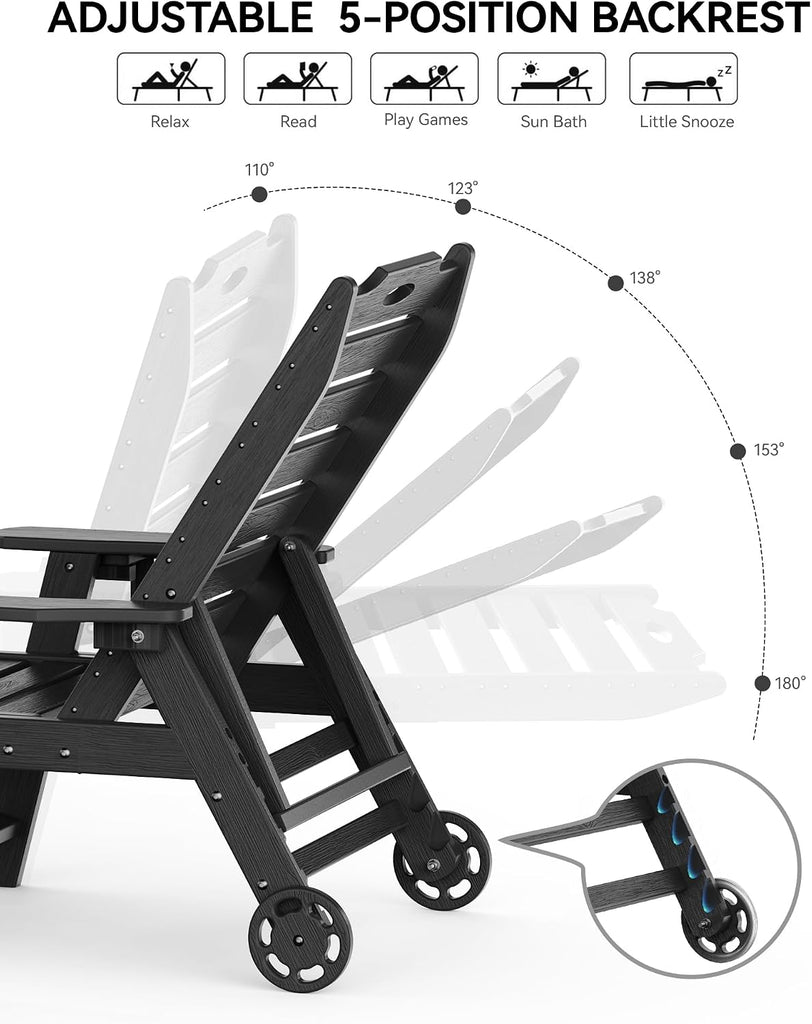 Lounge Chair Outdoor, HDPE Chaise Lounge with Wheels, 5-Position Adjustable Backrest & 2 Cup Holders Patio Lounge