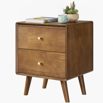 Solid Wood Nightstand with 2 Drawers, Walnut Mid Century Modern Nightstand, Wooden Night Stand, Small Side End Table
