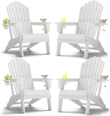 Fold Adirondack Chairs Set of 4, Double Cup Holders, White | HDPE Patio Chair, All Weather Fire Pit Chairs, 380lbs