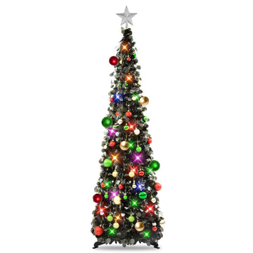 Pop Up Black Tinsel Christmas Tree, 5Ft Collapsible with Lights & 30 Balls, Skinny Christmas Tree Decor for Holiday