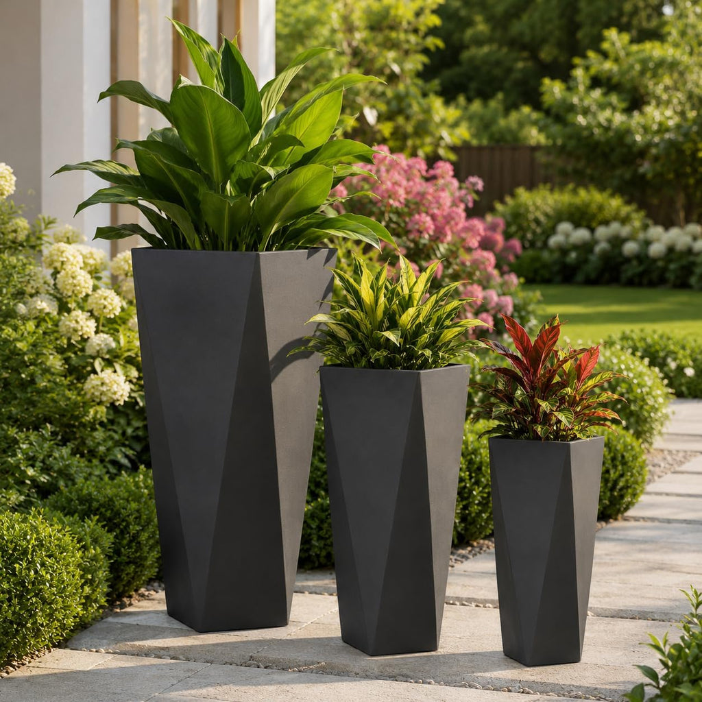 Tall Large Planters Set of 3, Modern Stackable Outdoor Flower Pots with Drainage Holes, Geometric Geometric