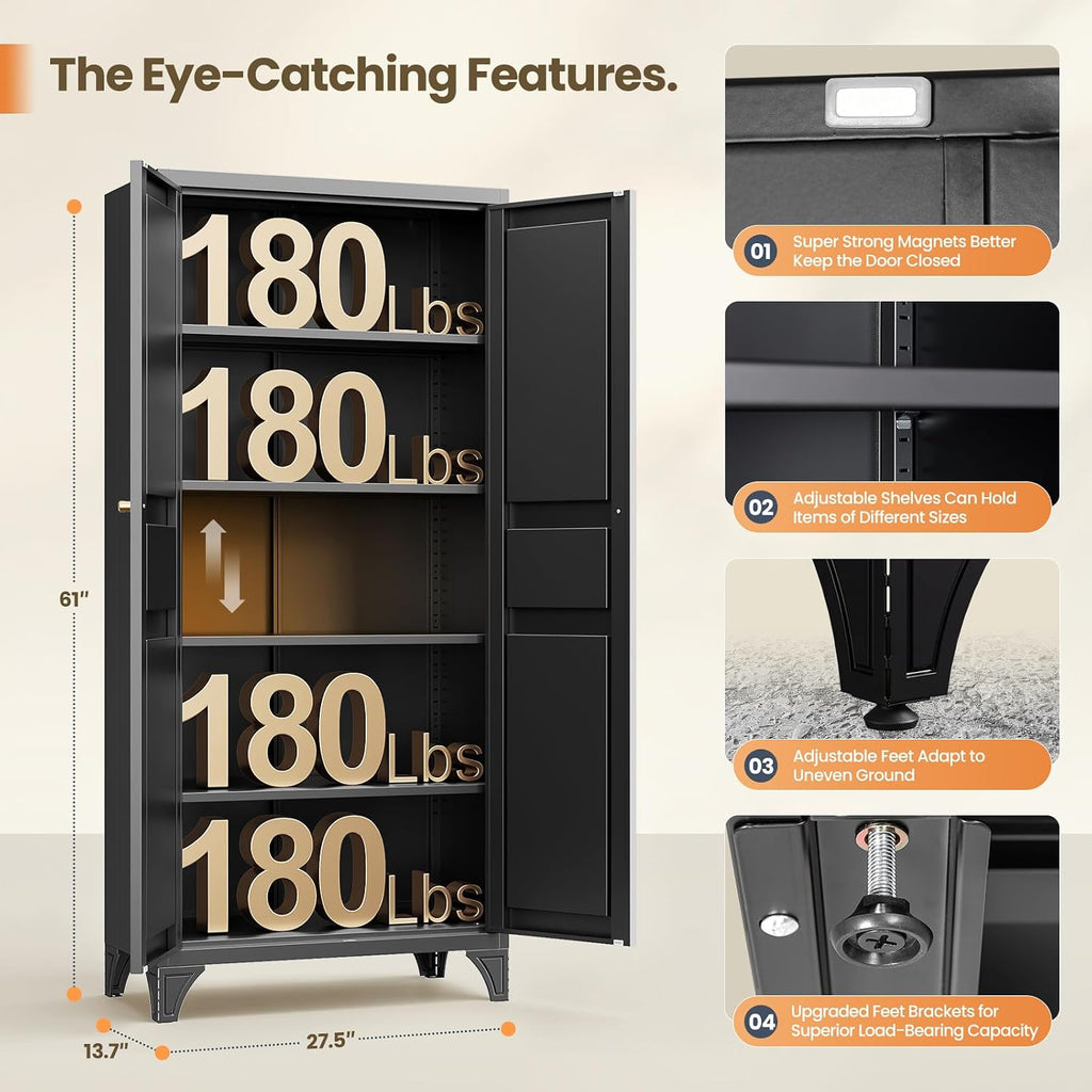 Metal Pantry Cabinet,Tall Kitchen Pantry Storage Cabinet with Doors and Adjustable Shelves - 61" Black Cupboard