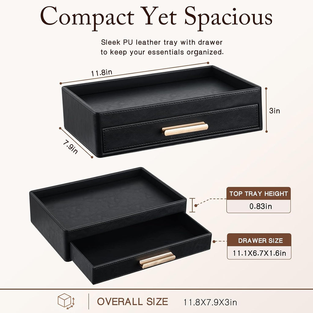 Leather Valet Tray for Men, Nightstand Organizer with Drawer, Black