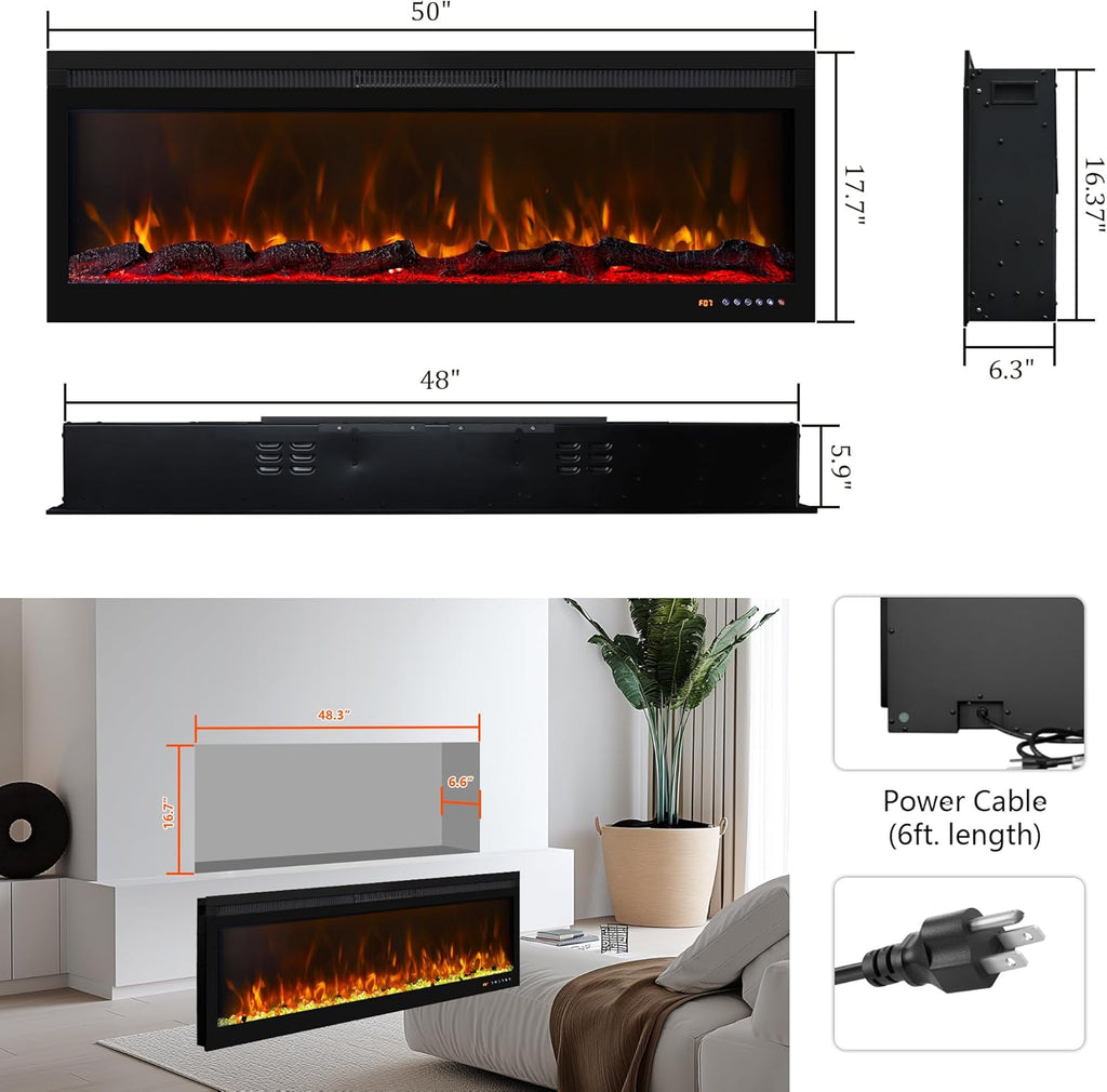 50 Inch Smart Electric Fireplace Insert with Heater, Recessed or Wall Mounted, Remote and App Control, 9H Timer