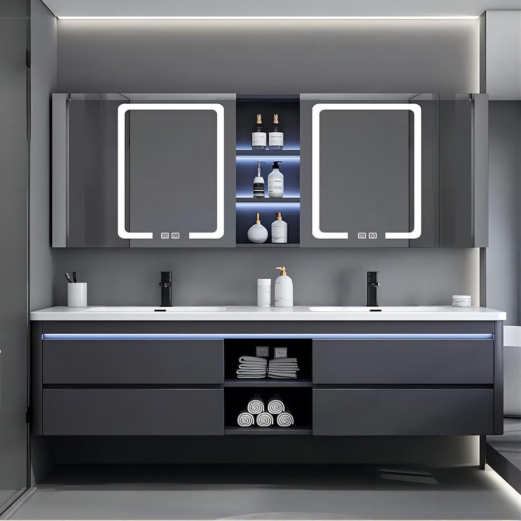 55IN Double Sink Vanity, 4 Drawers, Two LED Smart Touch Mirror Cabinets, Open Center Compartment, Body Sensor Lights