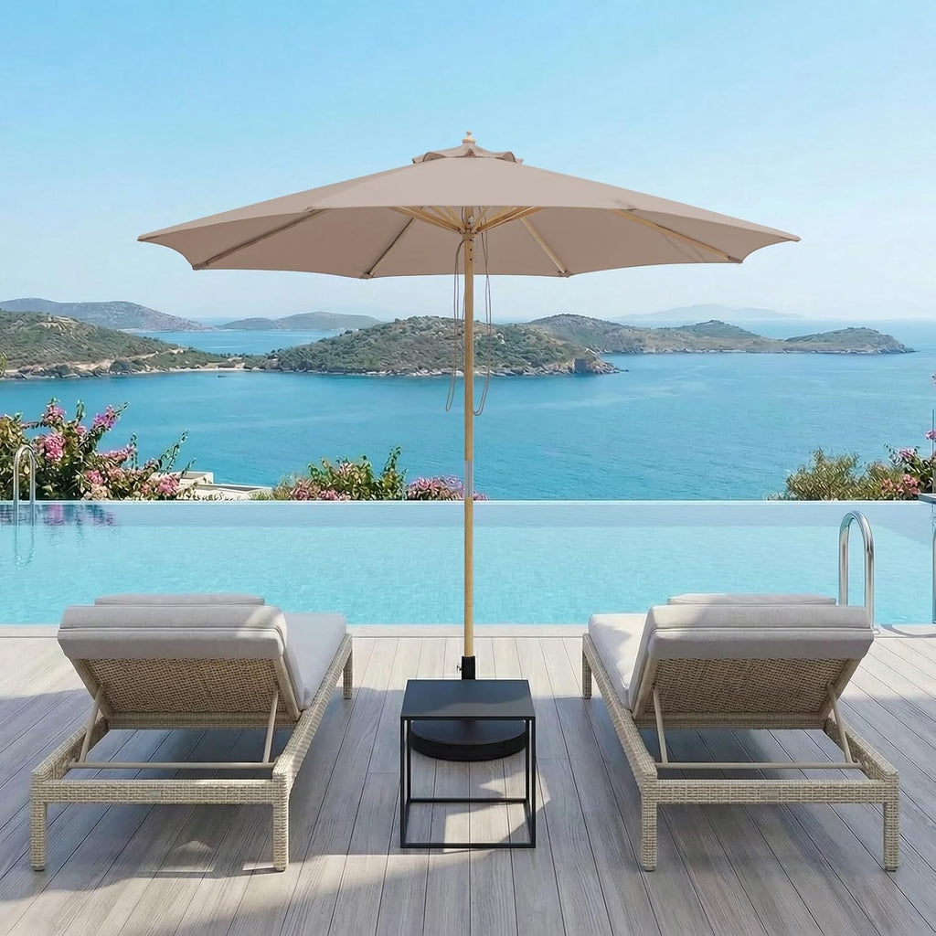 9FT/10FT Wood Patio Umbrella, Large Outdoor Table Umbrella with 205G Olefin/180G Yarn-Dyed Fabric, Push-Pull Operation