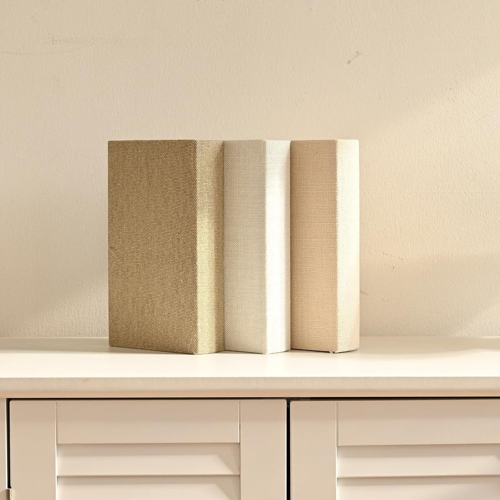 Modern Linen and Wood Decorative Faux Book Boxes Set of 3, 8",Taupe,Beige,Off White