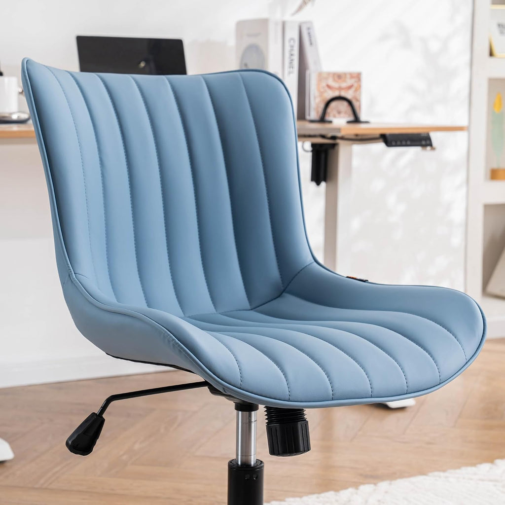 Blue Office Desk Chair with Wheels Comfy Armless Vanity Chair with Back Modern Small Faux Leather Upholstered Rolling