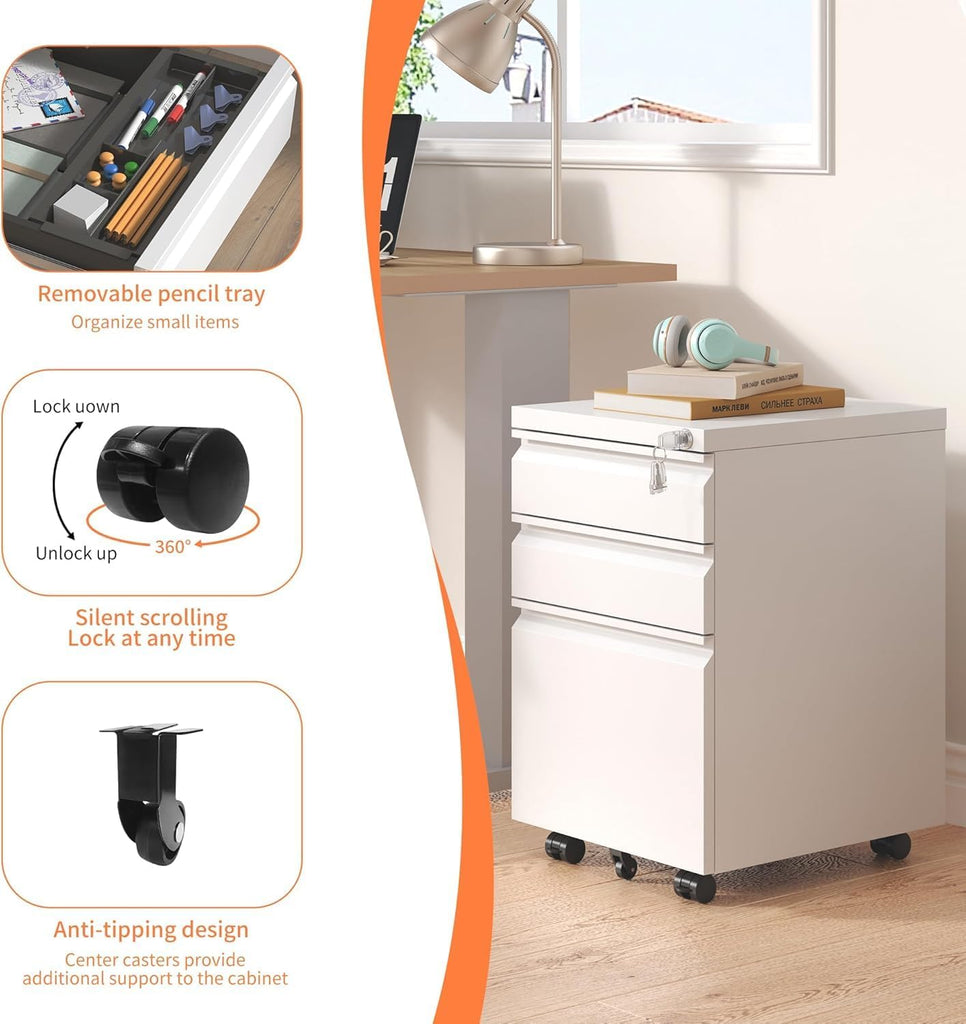 3 Drawer File Cabinet with Lock, File Cabinets ,Under Desk Cabinet, Locking File Cabinet for A4/Letter/Legal, Fully