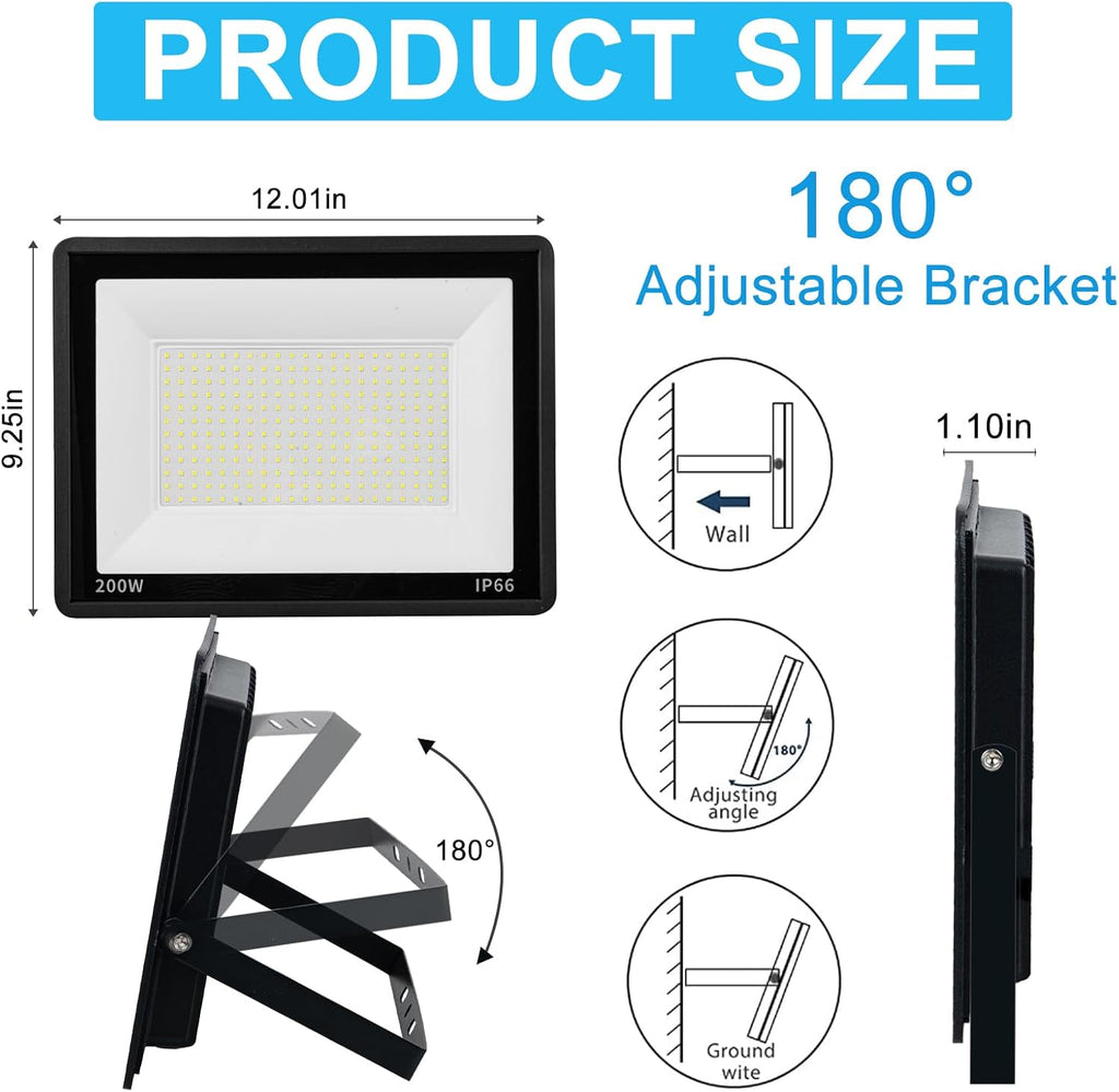 2-Pack 200W LED Flood Light for Yard | IP66 Waterproof Exterior Security Outdoor Flood Light with Plug for