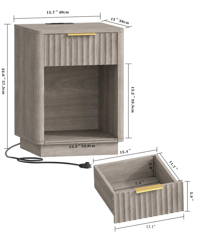 Fluted Nightstand Set 2 Bedside Table with Charging Station Greige
