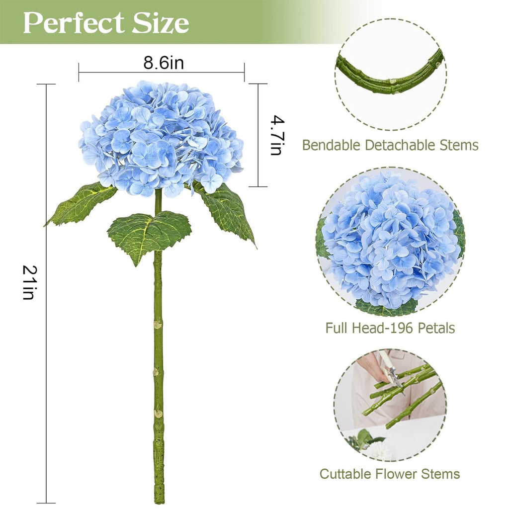 21" Real Touch Blue Hydrangea Artificial Flowers with Long Stem & Leaves, Full Latex Faux Hydrangea Flowers Decor