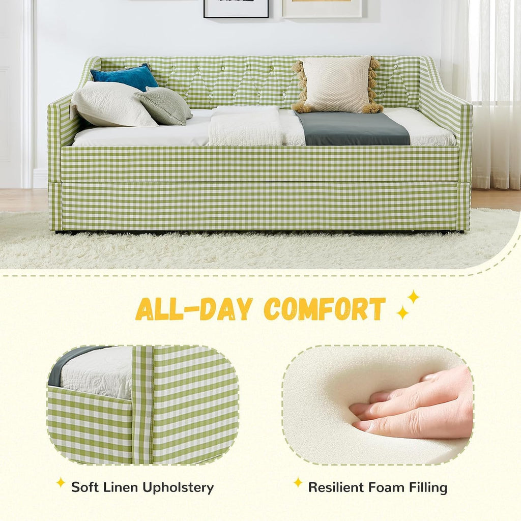 Full to King Daybed with Trundle, 3‐in‐1 Upholstered Full Size Daybed with Button Tufted Backrest, Extendable