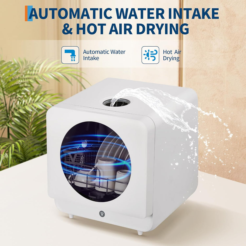 Portable Dishwasher Countertop with Large LED Display - No Plumbing Needed, 5 L Built-In Tank & Faucet Dual Inlet