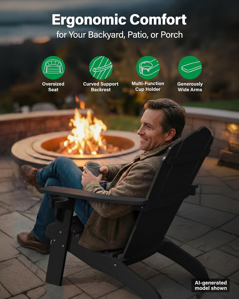 Oversized Adirondack Chair with Cup-Holder - Black | Heavy Duty Poly Lumber Outdoor Fire Pit Chair, Weather