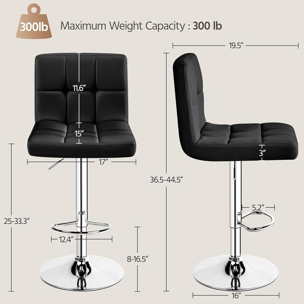 Bar Stools Set of 2, Adjustable PU Leather Swivel Barstools, Modern Counter Stools with Back and Footrest, Counter