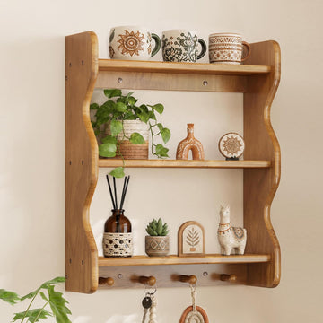 3 Tier Wooden Floating Wall Shelves with Hooks, Rustic Farmhouse Wall Mounted Storage Shelf, Decorative Curved Side