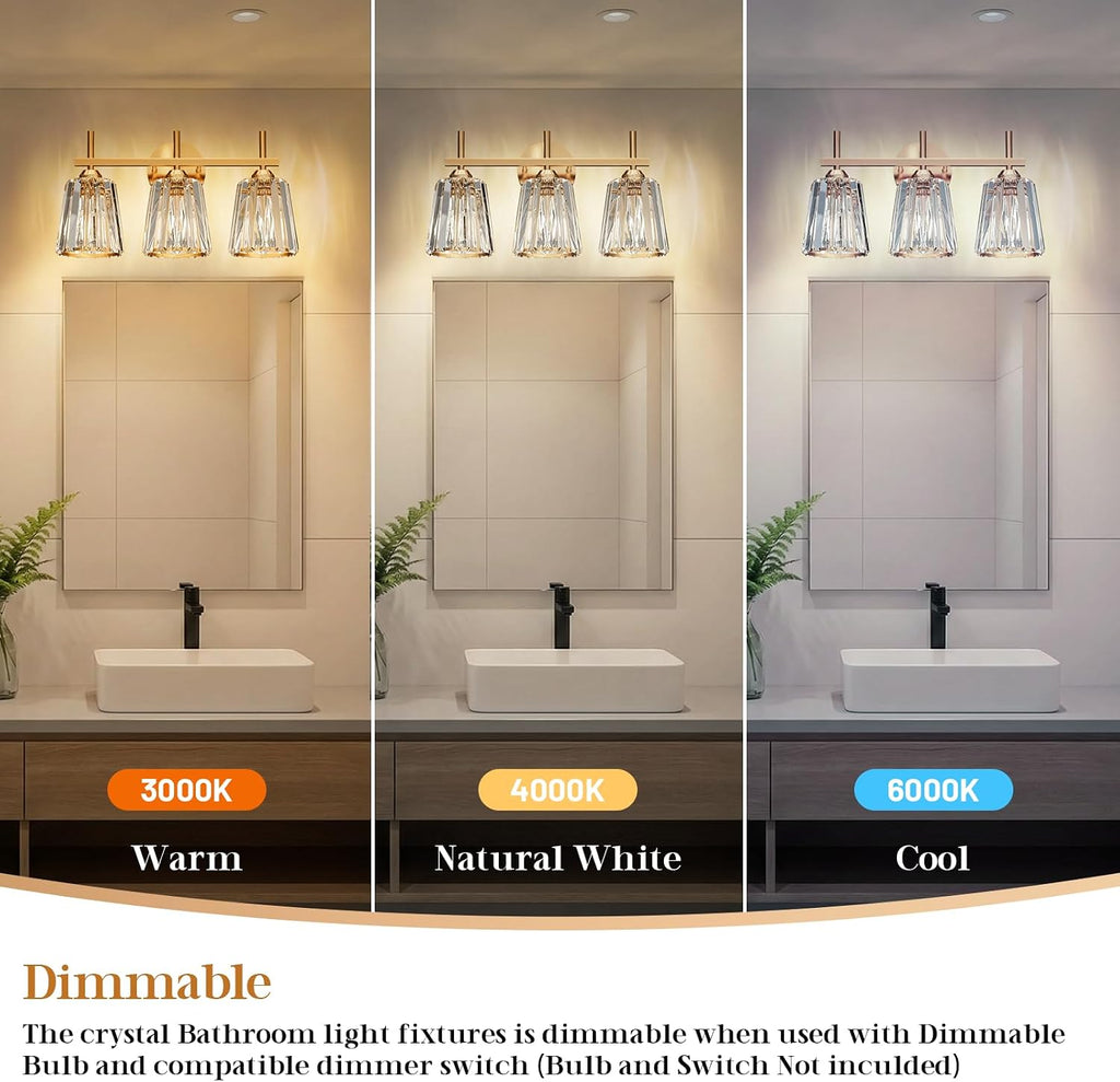 Crystal Bathroom Light Fixtures Over Mirror, Gold 3-Light Bathroom Vanity Lights Over Mirror Modern Wall Lighting