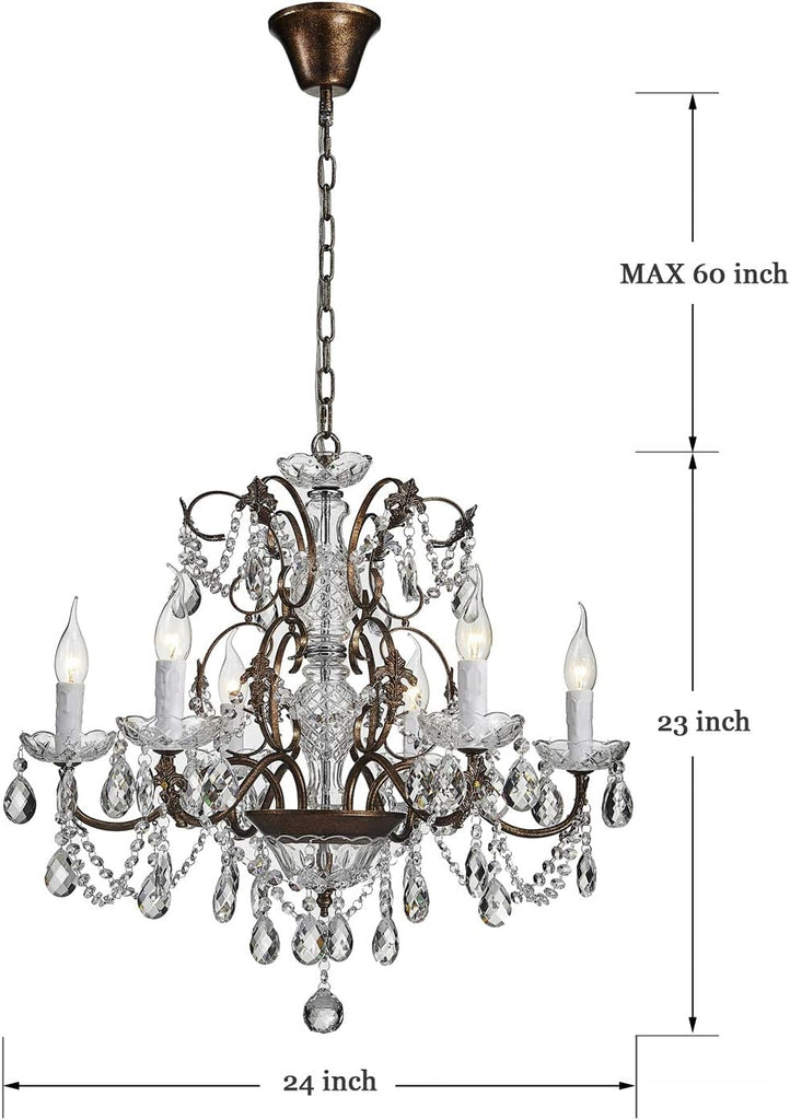 6-Light Crystal Chandelier - Farmhouse Rustic Pendant Light Fixture for Bedroom, Dining Room, Living Room - H23 x W24, Chain Adjustable