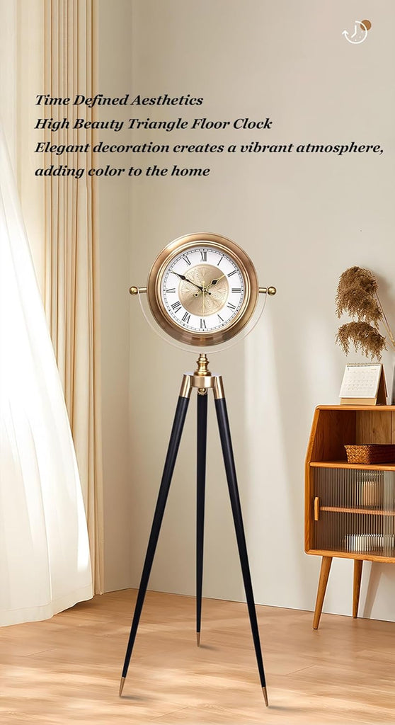 Elegant Triangle Metal Floor Clock European Retro Silent Pendulum Clock Luxury Art Tripod Standing Timepiece for Home Ornament