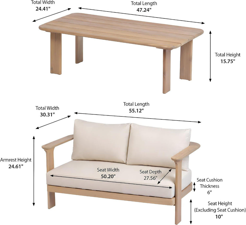 Kera 4-Seater Patio Furniture Set with Removable Cushion, 4 Piece Outdoor Acacia Wood Conversation Set, Sold Wood