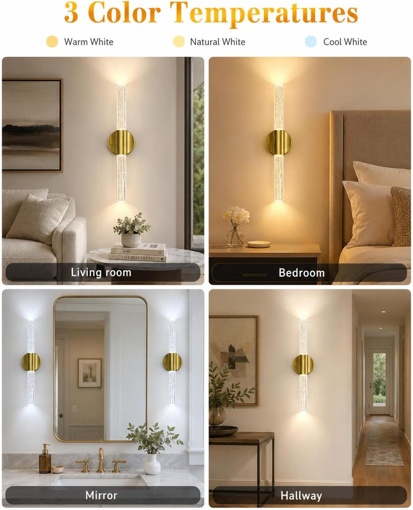 Peel and Stick on Wall Sconce set of 2 Wireless Battery Operated Wall Light | Rechargeable Gold No Drill Magnetic