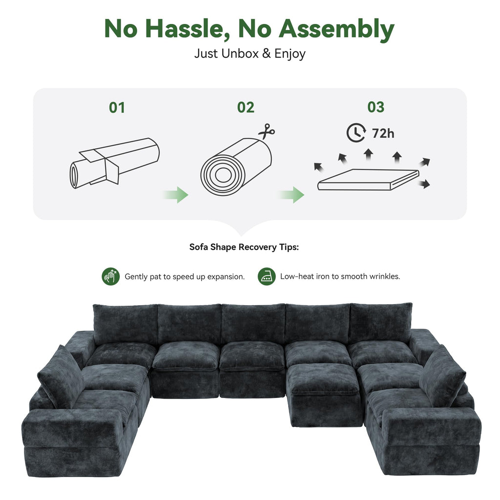157" U Shaped Modular Sectional Sofa, 10 Seat Cloud Couch, Grey