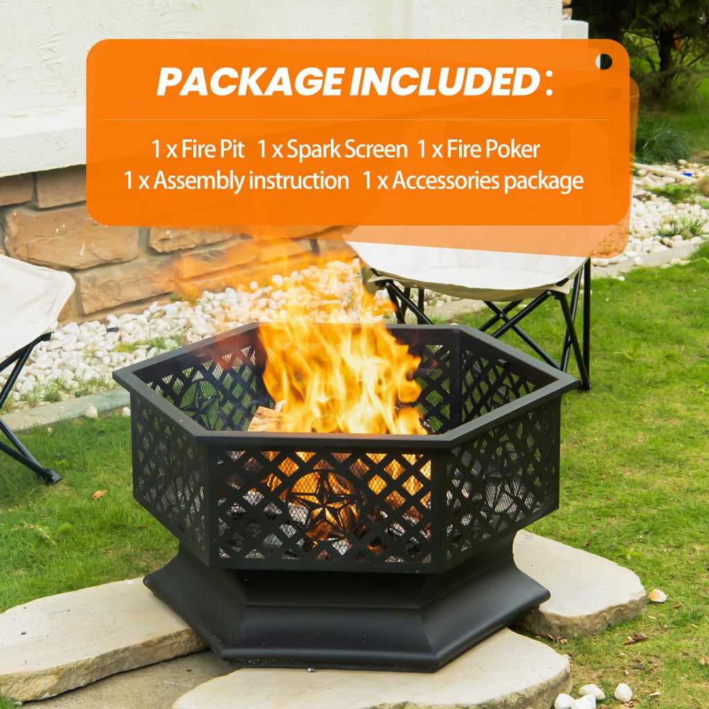 28 Inch Hexagonal Fire Pit with Spark Screen&Fire Poker Black