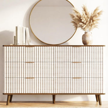 Fluted 6 Drawers Dresser, 47" Wide Wooden Chest of Drawers, Modern Mid Century Storage Closet Long Large Dresser