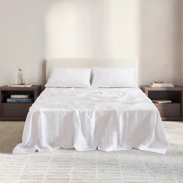 World Queen Size Linen Sheet Set - 4Pcs Solid Color 100% Natural Flax Bedding Sheets, Soft & Breathable, 16" Deep