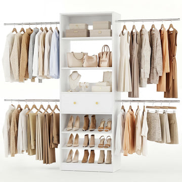 Wood Closet Organizer System - 4FT-9FT Expandable Wardrobe Closet with Drawer & 4 Hanging Rods, Heavy Duty Walk-in