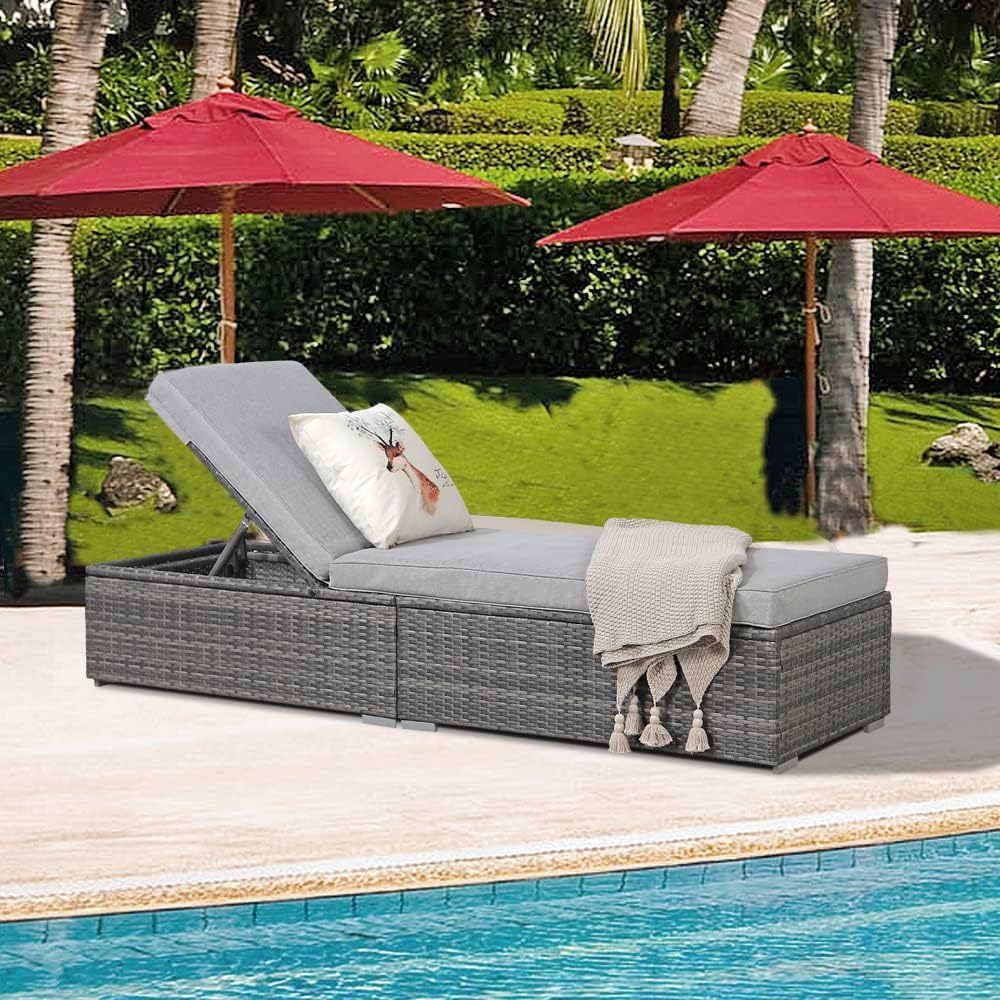 Outdoor Patio Chaise Lounge Chair, Grey Wicker, Light Grey | Reclining Adjustable PE Rattan Lounge Chair Sun Lounger