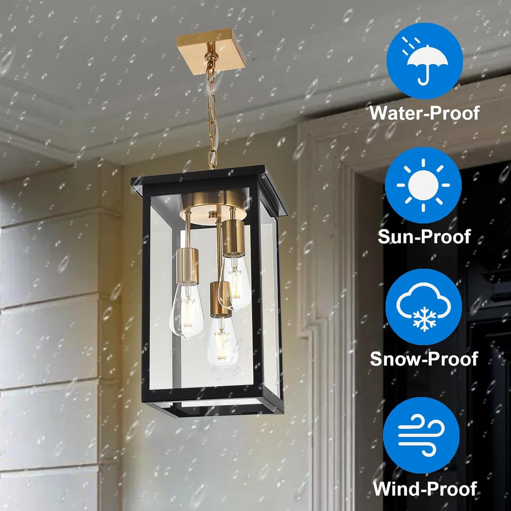 3-Lights Large Outdoor Pendant Light, Modern Black and Brass Exterior Hanging Porch Light with Clear Glass