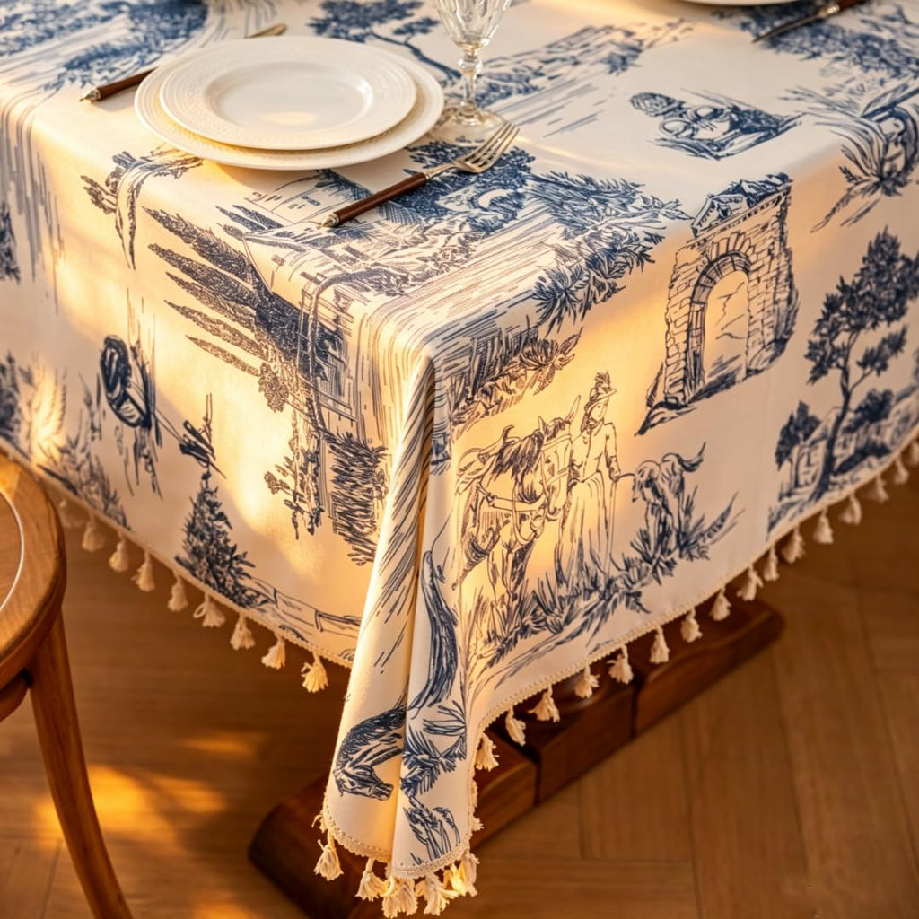 Retro Blue White Toile De Jouy Printed Rectangular Tablecloth, Premium Cotton Linen Table Cover with Complete Edge